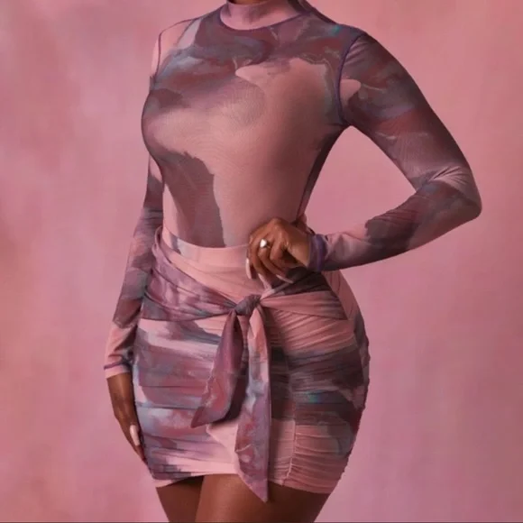 OH POLLY, High Neck Long Sleeve Mesh Bodysuit and skirt in Blush - Picture 6 of 11